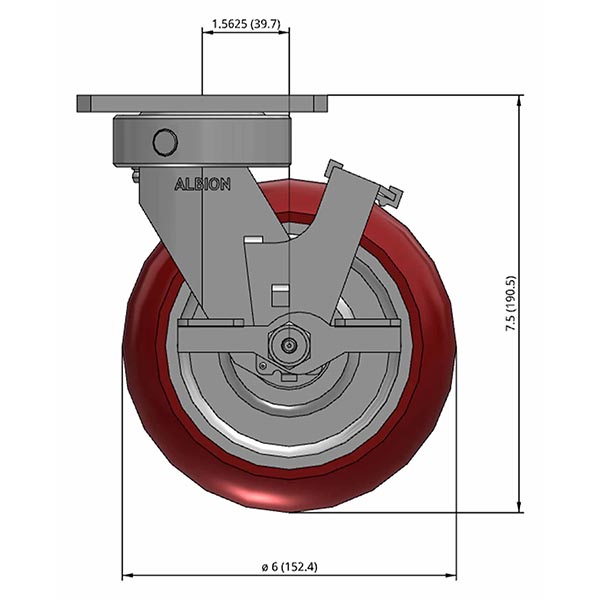 Side view drawing of caster with dimensions